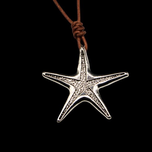 Large Starfish Pendant on Hand Knotted Soft Brown Leather Cord Necklace - Picture 3 of 7
